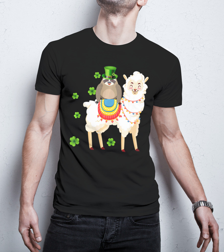 Leprechaun Sloth Riding Llama St Patrick's Day With Shamrocks T-Shirt