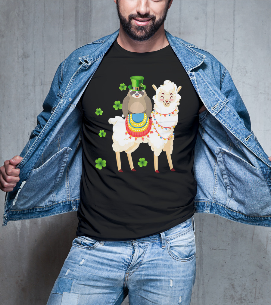 Leprechaun Sloth Riding Llama St Patrick's Day With Shamrocks T-Shirt