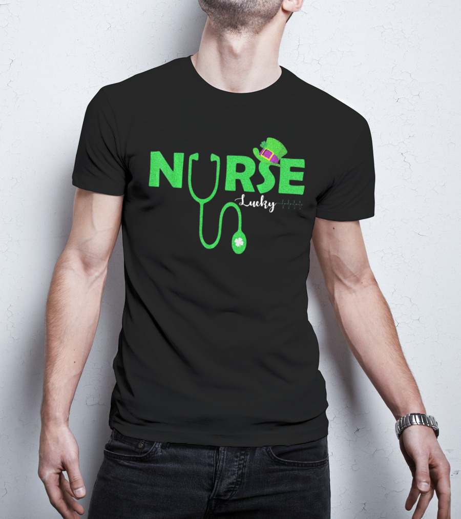 Lucky Nurse St. Patrick's Day With Shamrock Stethoscope And Leprechaun Hat T-Shirt