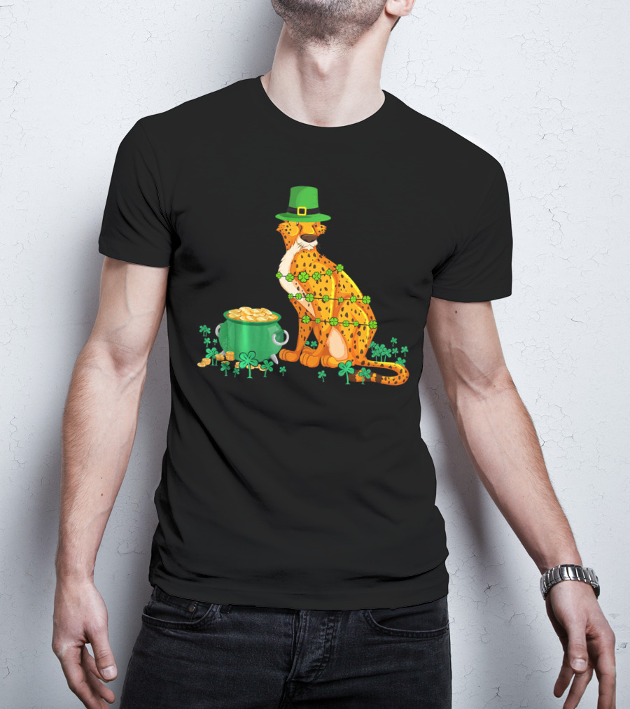 Leprechaun Cheetah Covered In Shamrocks With Pot Of Gold T-Shirt