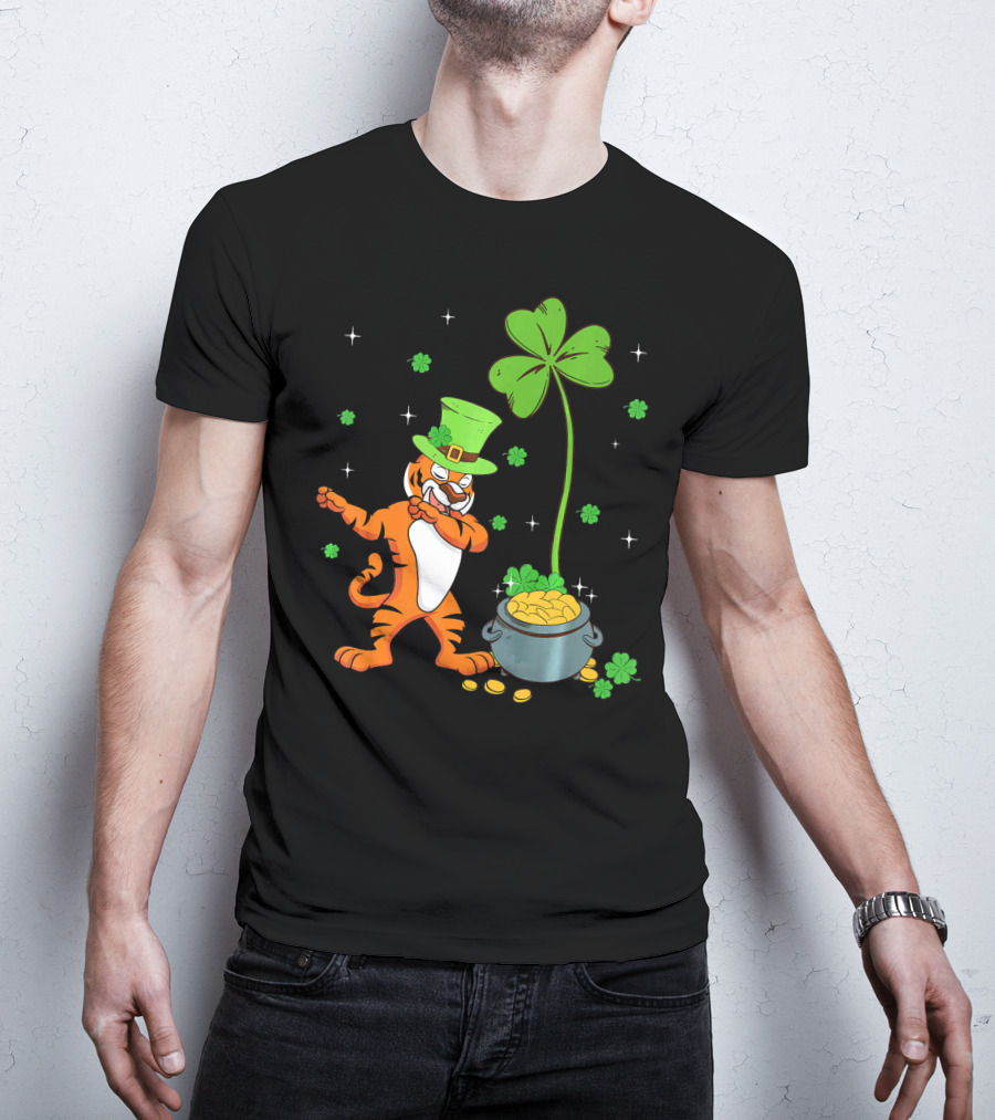Shamrock Leprechaun Tiger St Patricks Gold Pot T-Shirt