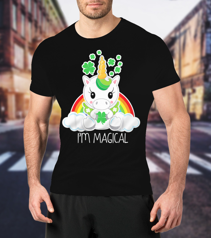 Girls Cute Unicorn I'm Magical Rainbow Clover T-Shirt