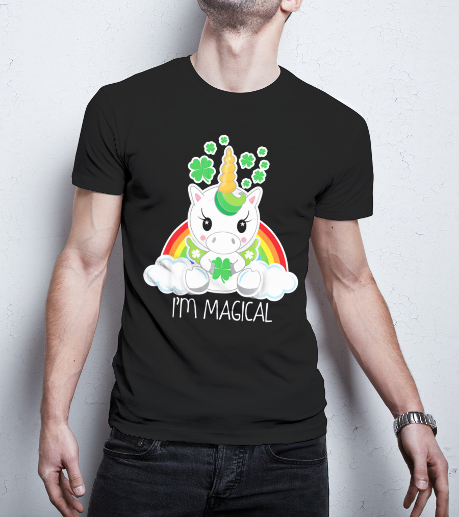 Girls Cute Unicorn I'm Magical Rainbow Clover T-Shirt