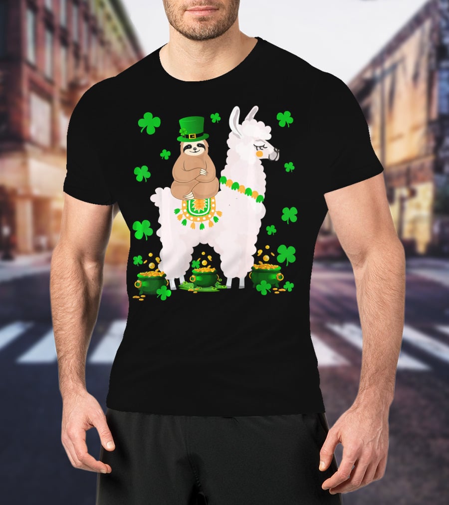 Leprechaun Sloth Riding Llama Surrounded By Shamrocks And Gold Coins St. Patric T-Shirt