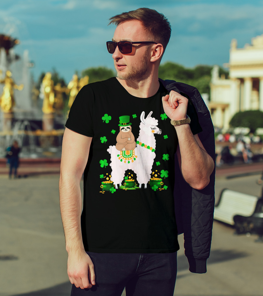 Leprechaun Sloth Riding Llama Surrounded By Shamrocks And Gold Coins St. Patric T-Shirt