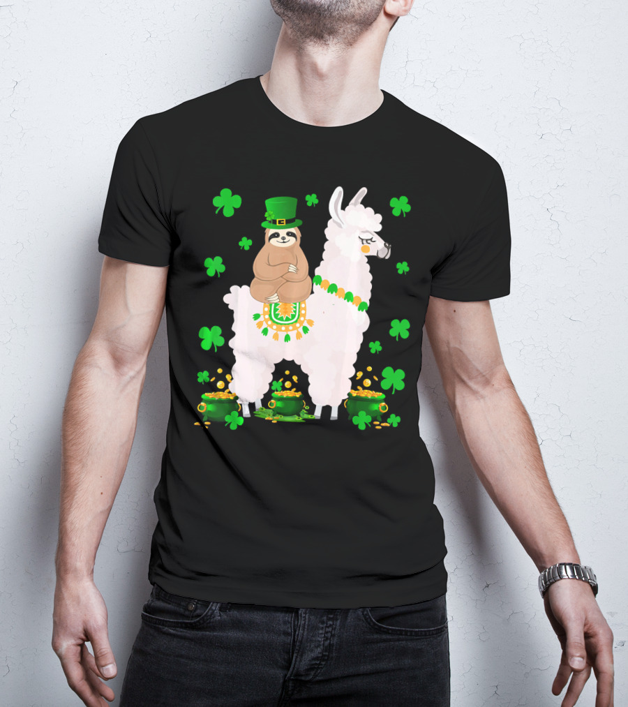Leprechaun Sloth Riding Llama Surrounded By Shamrocks And Gold Coins St. Patric T-Shirt