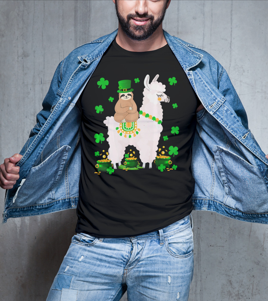 Leprechaun Sloth Riding Llama Surrounded By Shamrocks And Gold Coins St. Patric T-Shirt