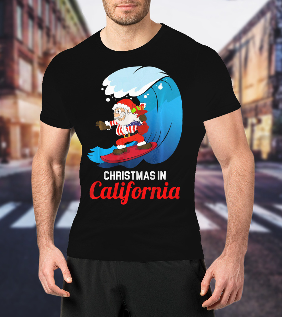 Santa Surfing Christmas In California T-Shirt