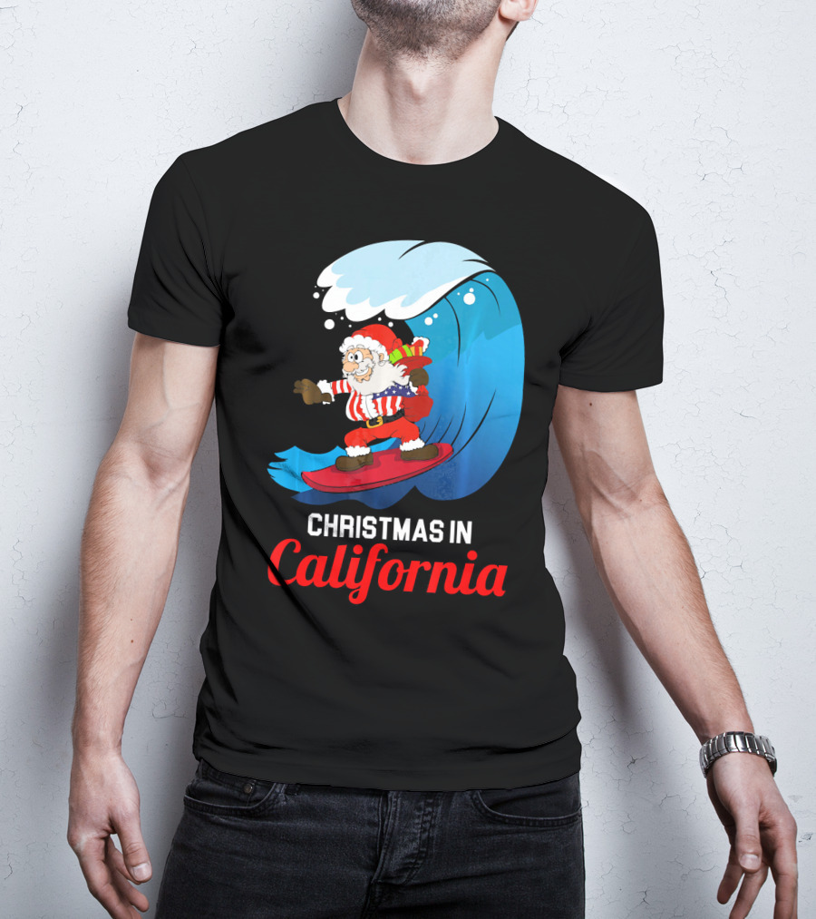Santa Surfing Christmas In California T-Shirt
