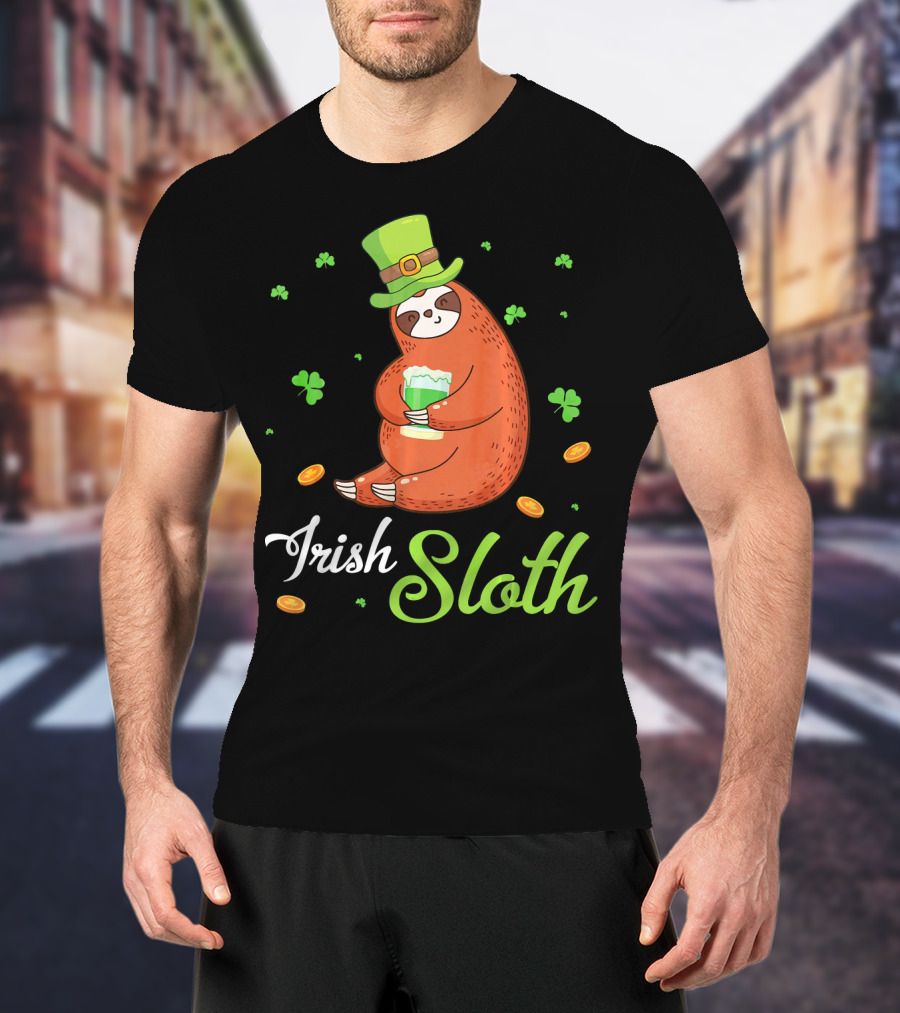 Irish Sloth Leprechaun Drinking Shamrocks Go T-Shirt