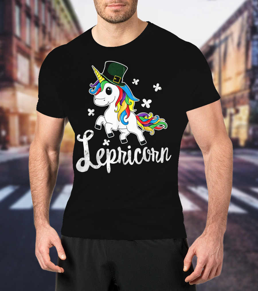 Lepricorn St Patricks Day Unicorn With Rainbow Mane And Leprechaun Hat T-Shirt