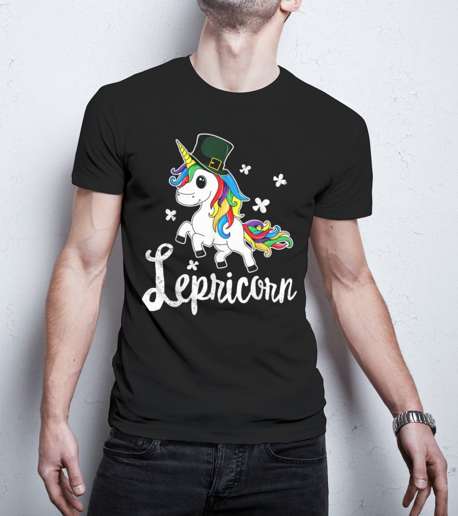 Lepricorn St Patricks Day Unicorn With Rainbow Mane And Leprechaun Hat T-Shirt