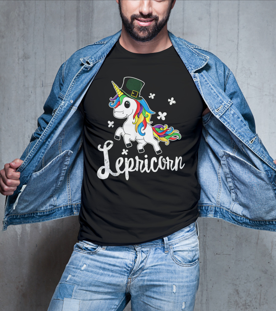Lepricorn St Patricks Day Unicorn With Rainbow Mane And Leprechaun Hat T-Shirt