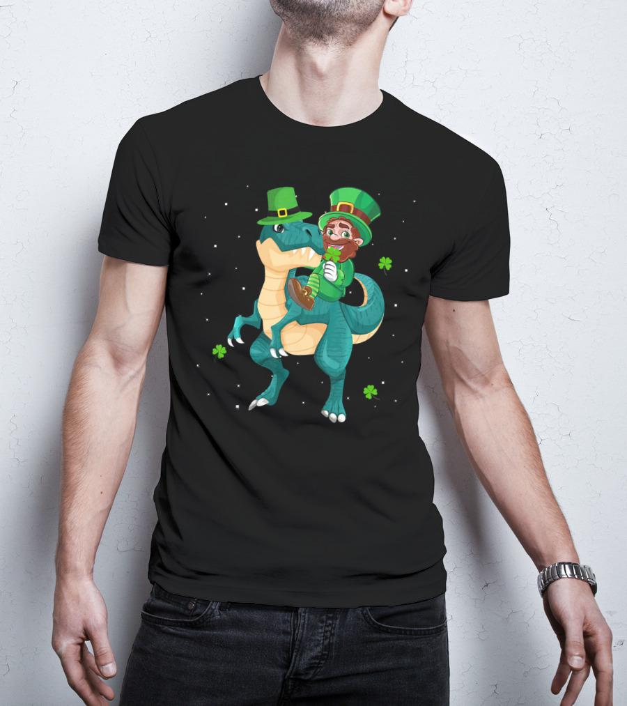 Leprechaun Riding Rex Dinosaur With Shamrocks And Stars T-Shirt