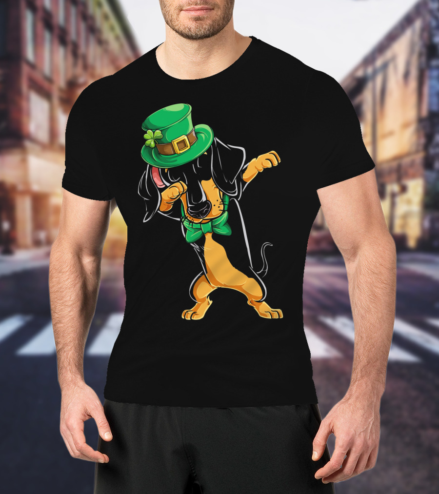 St. Patrick's Day Dabbing Dachshund With Green Hat And Bowtie T-Shirt