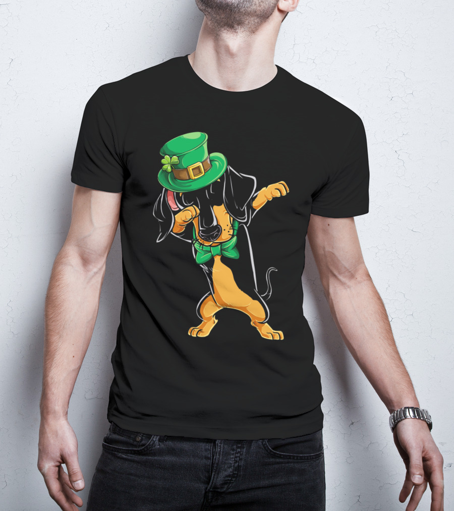 St. Patrick's Day Dabbing Dachshund With Green Hat And Bowtie T-Shirt