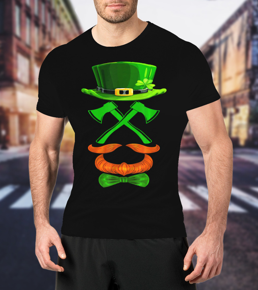 Leprechaun Hat And Crossed Axes With Orange Beard And Bow Tie T-Shirt