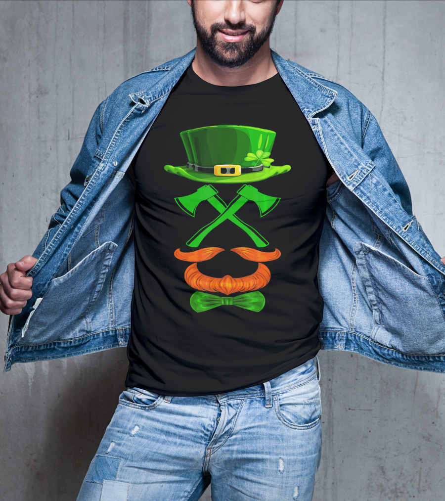 Leprechaun Hat And Crossed Axes With Orange Beard And Bow Tie T-Shirt