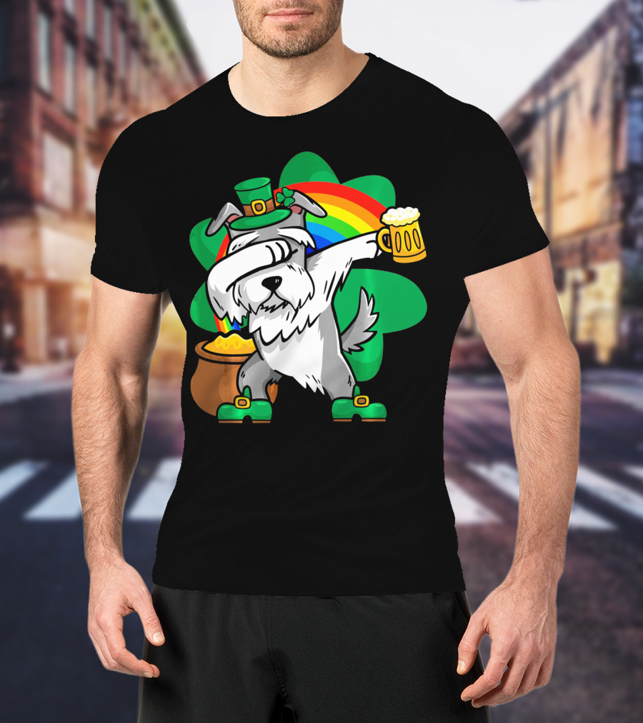 Funny Dabbing Schnauzer Leprechaun With Beer And Rainbow T-Shirt