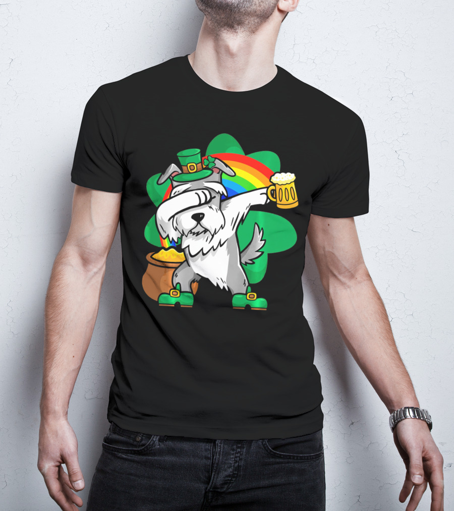 Funny Dabbing Schnauzer Leprechaun With Beer And Rainbow T-Shirt