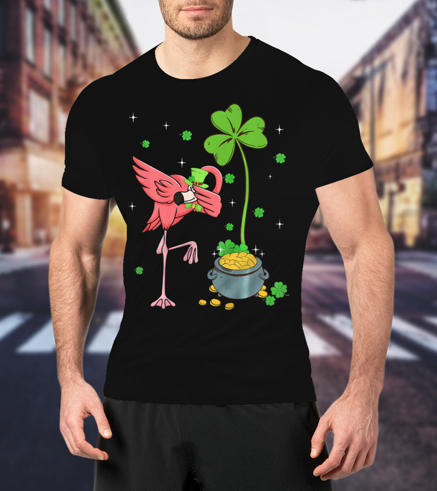 Shamrock Leprechaun Flamingo St Patricks Pot Of Gold T-Shirt