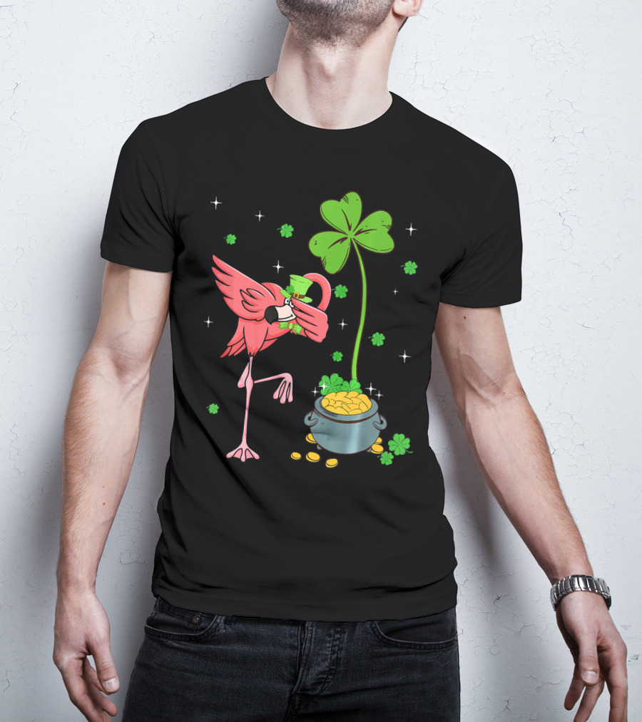 Shamrock Leprechaun Flamingo St Patricks Pot Of Gold T-Shirt