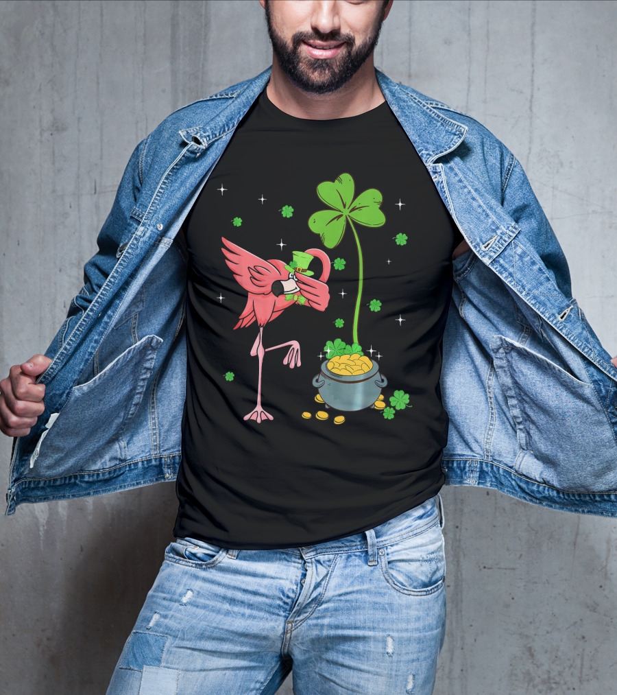 Shamrock Leprechaun Flamingo St Patricks Pot Of Gold T-Shirt