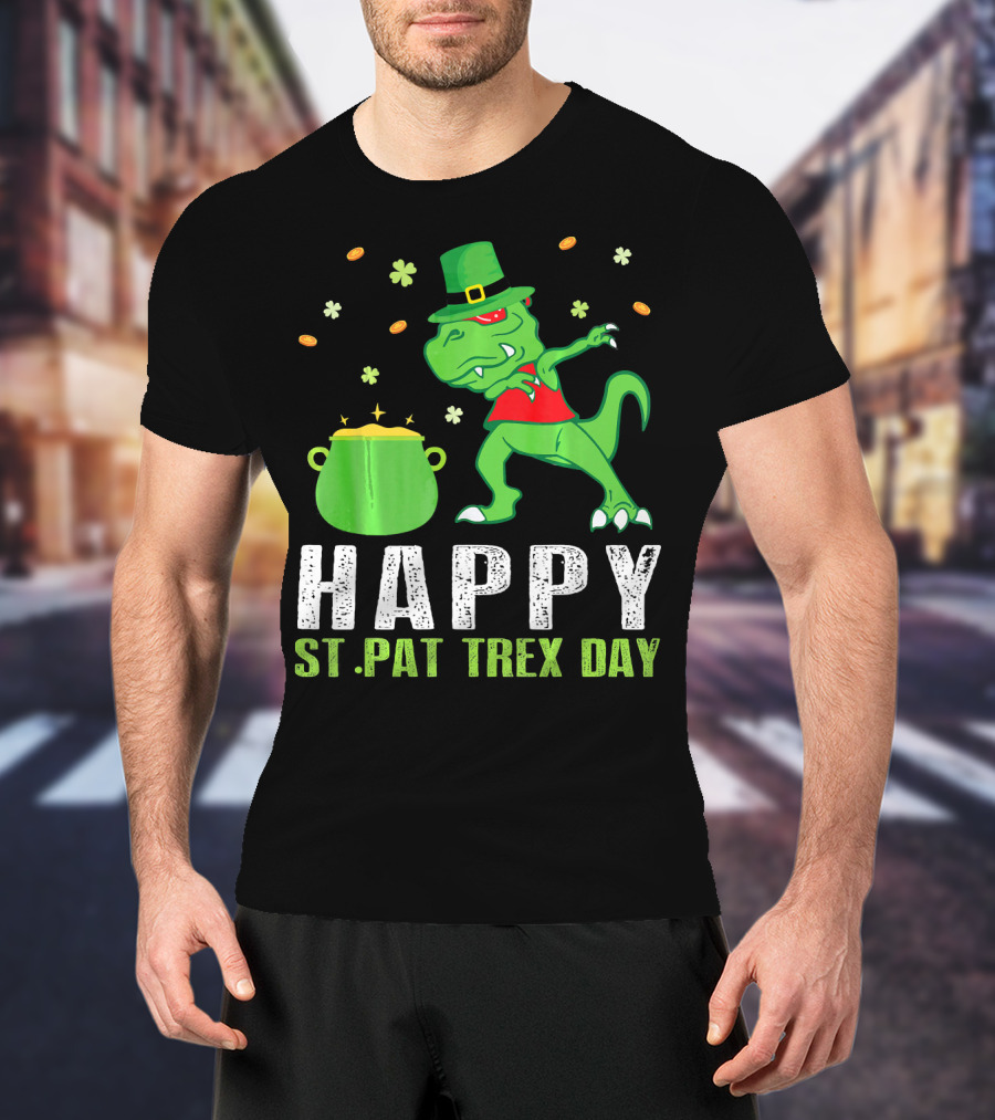 Happy St. Pat T-Rex Day Dinosaur Leprechaun Dabbing Pot Gold T-Shirt