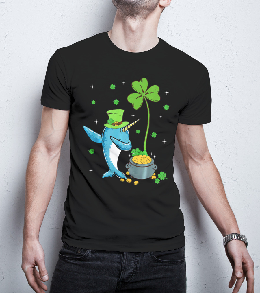 Shamrock Leprechaun Narwhal With Pot Of Gold St Patricks T-Shirt