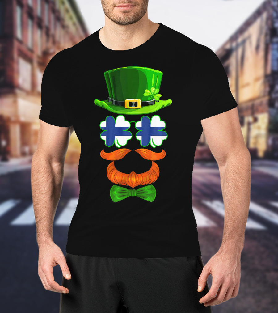 Finland Flag Shamrock Leprechaun Finnish Hat Mustache Bow Tie T-Shirt