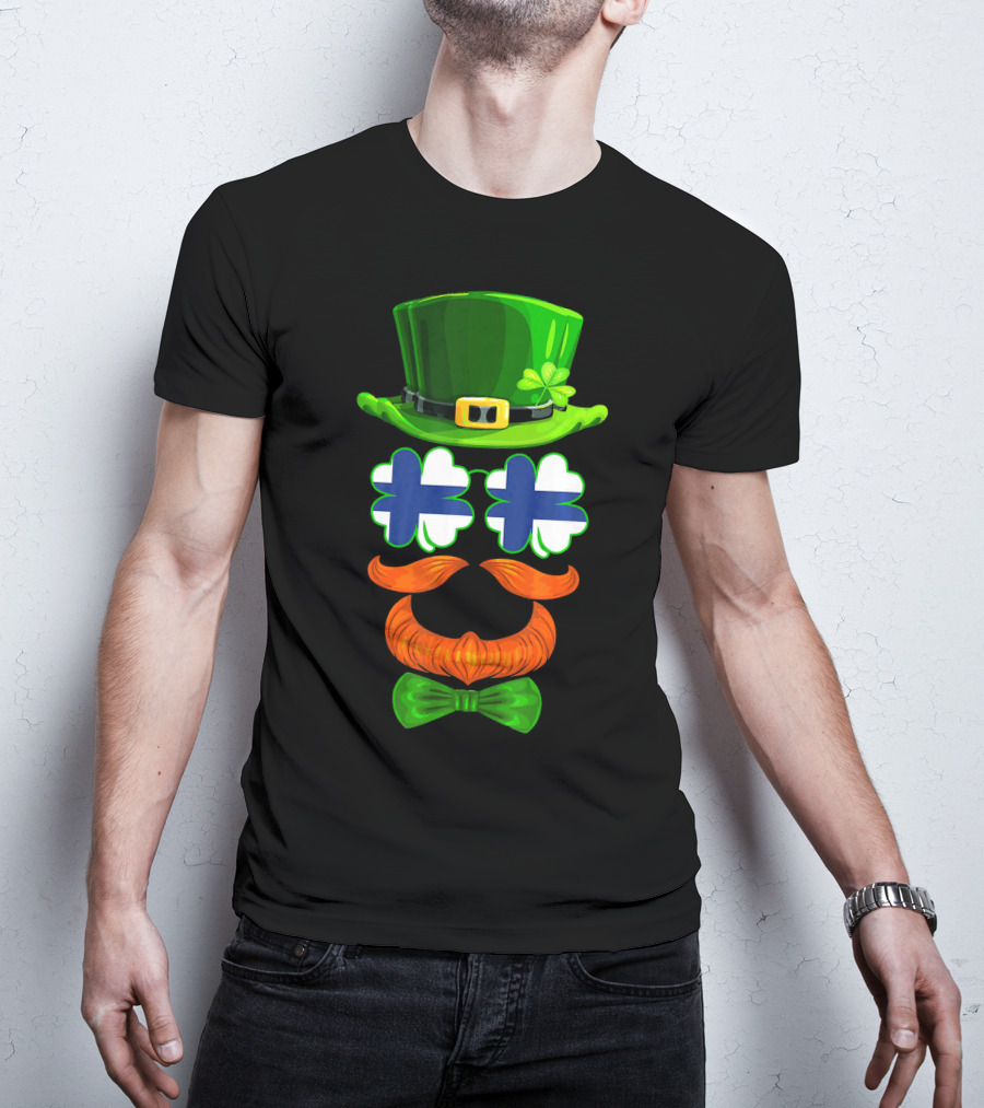 Finland Flag Shamrock Leprechaun Finnish Hat Mustache Bow Tie T-Shirt