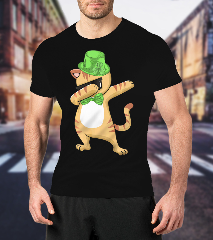 Dabbing Cat St Patricks Day Leprechaun Green Hat Clover Bow Tie T-Shirt