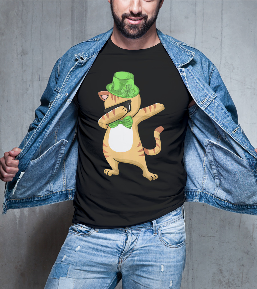 Dabbing Cat St Patricks Day Leprechaun Green Hat Clover Bow Tie T-Shirt