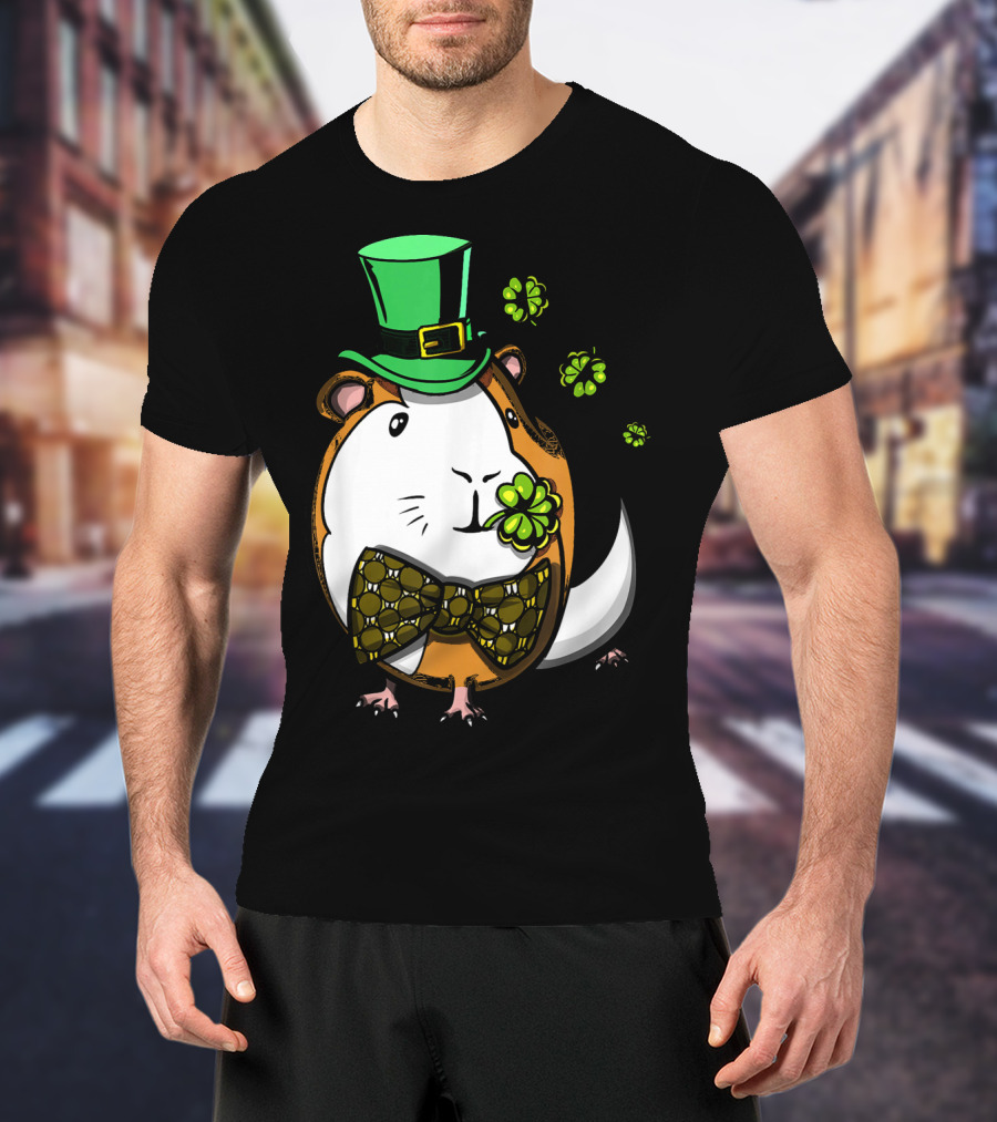 Leprechaun Guinea Pig St Patricks Irish Clover Bow Tie Green Hat T-Shirt