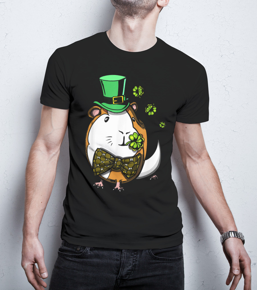 Leprechaun Guinea Pig St Patricks Irish Clover Bow Tie Green Hat T-Shirt