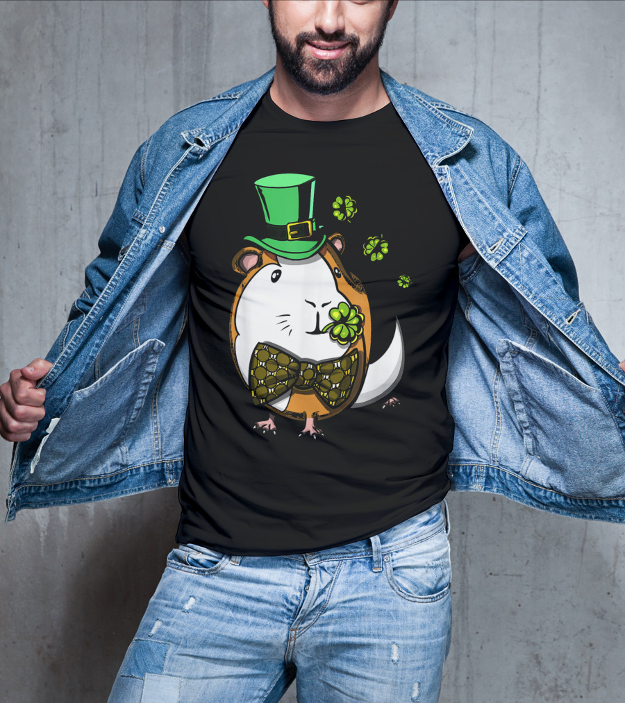 Leprechaun Guinea Pig St Patricks Irish Clover Bow Tie Green Hat T-Shirt