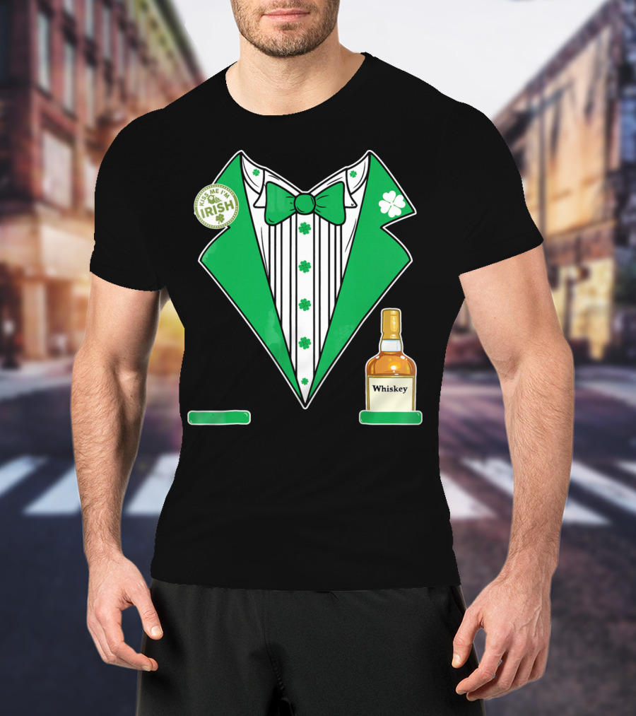 Kiss Me I'm Irish St. Patrick's Day Tuxedo With Whiskey Bottle And Shamrock T-Shirt