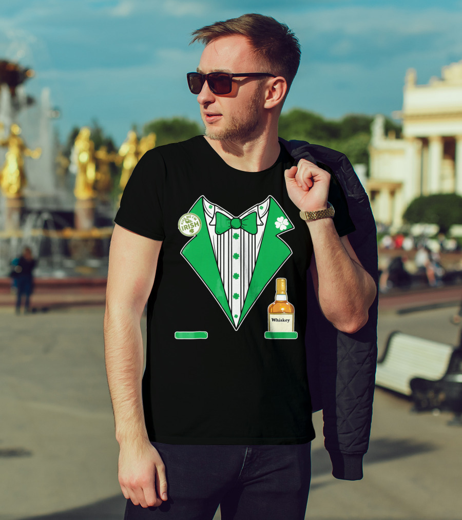 Kiss Me I'm Irish St. Patrick's Day Tuxedo With Whiskey Bottle And Shamrock T-Shirt
