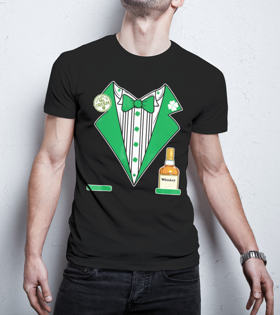 Kiss Me I'm Irish St. Patrick's Day Tuxedo With Whiskey Bottle And Shamrock T-Shirt
