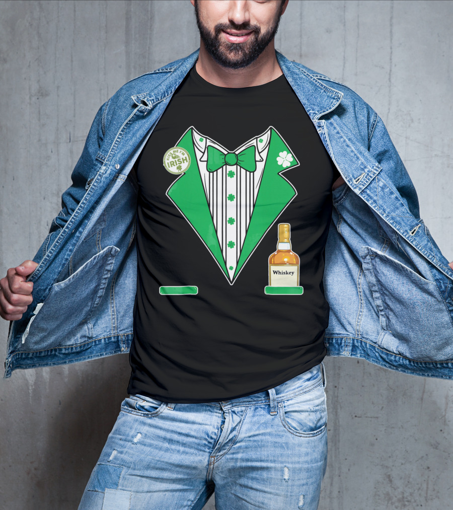 Kiss Me I'm Irish St. Patrick's Day Tuxedo With Whiskey Bottle And Shamrock T-Shirt