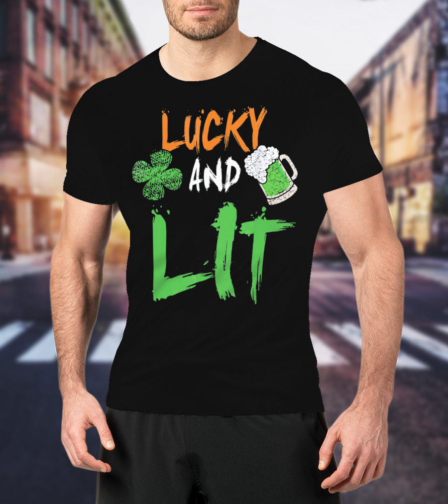 Lucky And Lit Irish Flag Shamrock Beer St. Patrick's Day T-Shirt