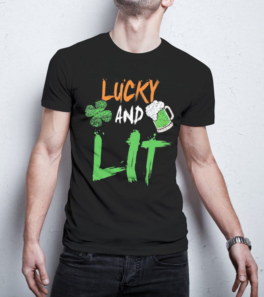 Lucky And Lit Irish Flag Shamrock Beer St. Patrick's Day T-Shirt
