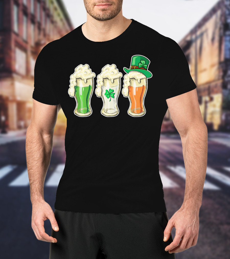 Irish Flag Beer Glasses With Shamrock And Leprechaun Hat T-Shirt