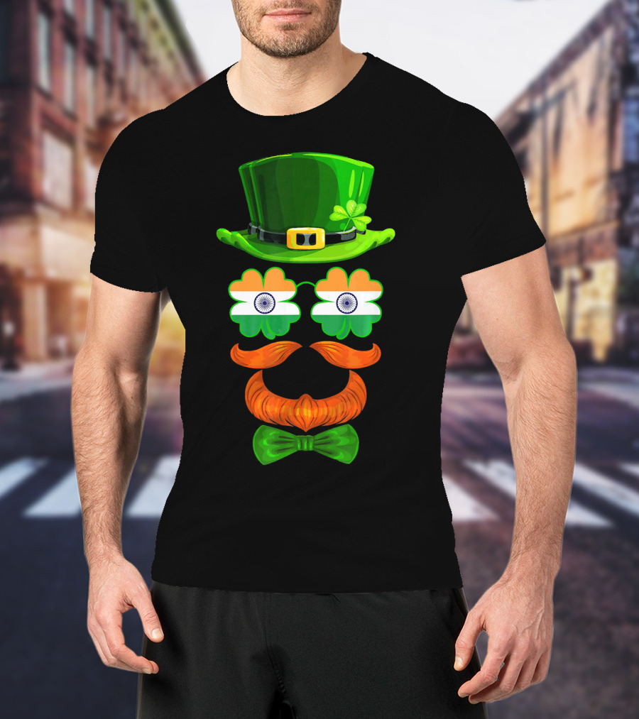 India Flag Shamrock Leprechaun Green Hat Orange Mustache Bow Tie T-Shirt