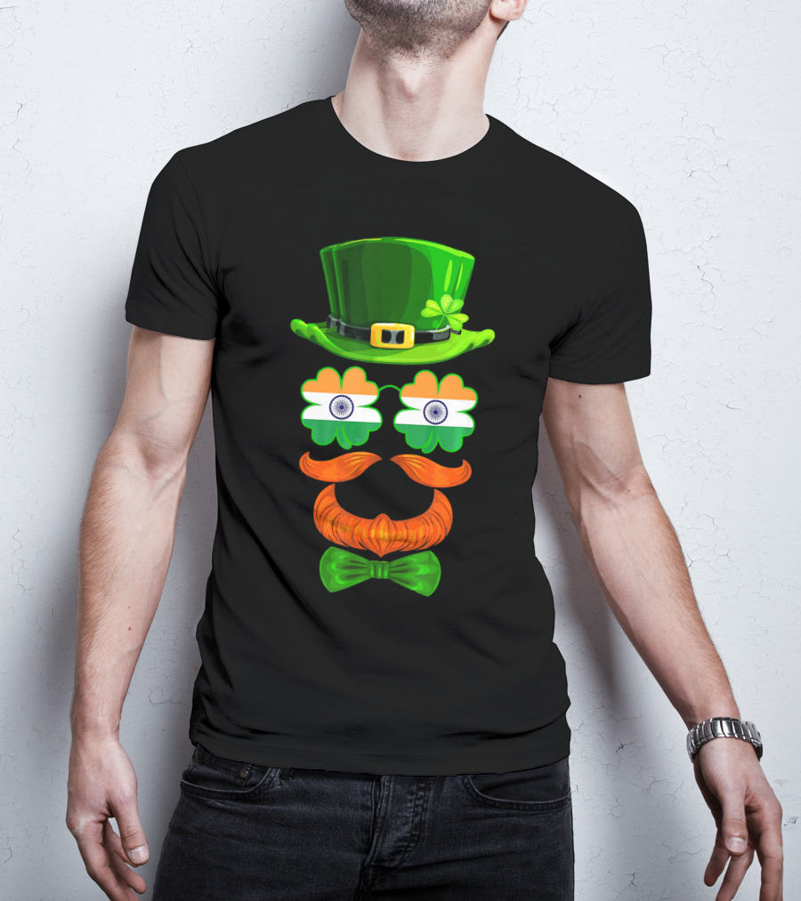 India Flag Shamrock Leprechaun Green Hat Orange Mustache Bow Tie T-Shirt