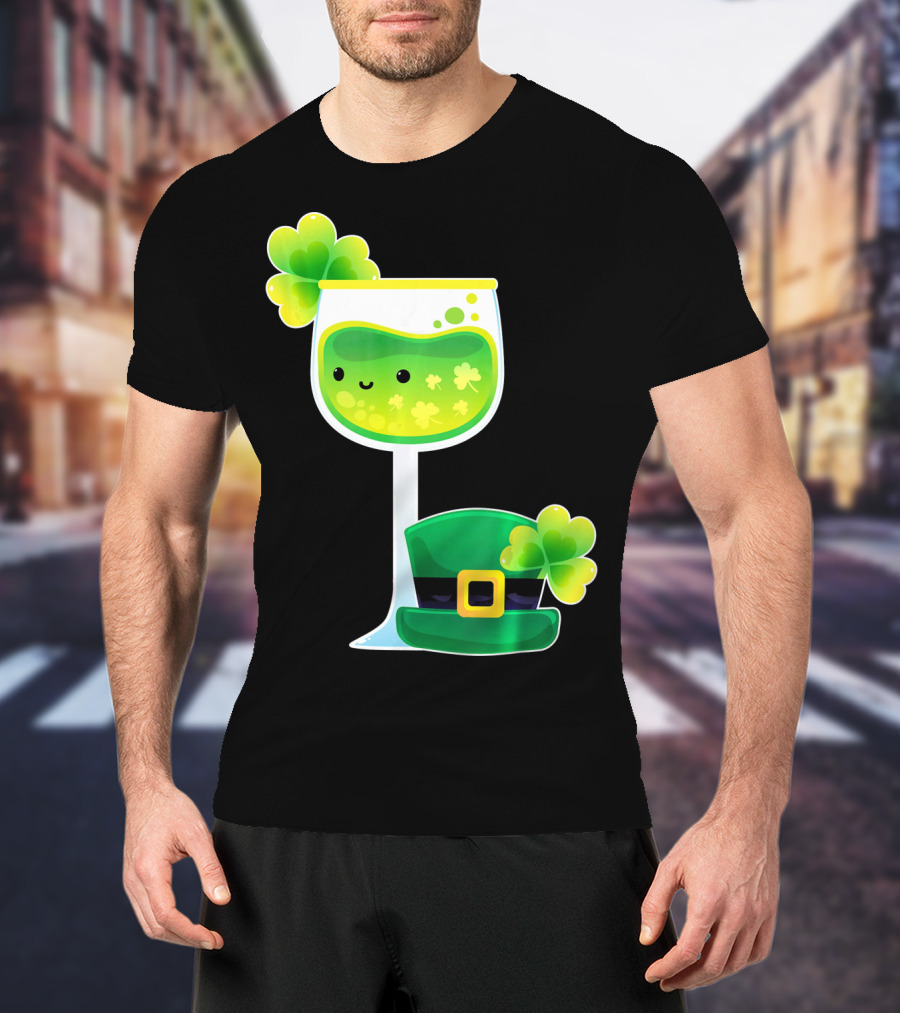 Saint Patrick's Day Green Shamrock Wine Glass With Leprechaun Hat T-Shirt