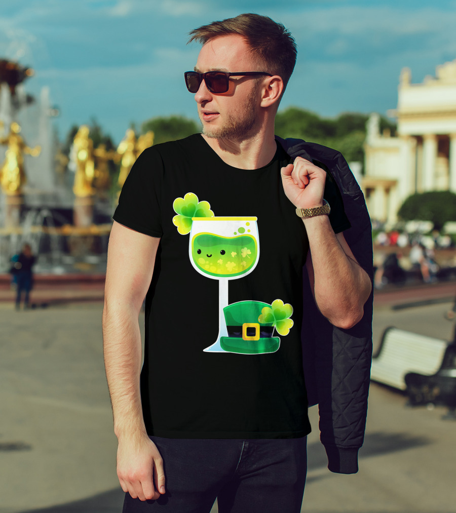 Saint Patrick's Day Green Shamrock Wine Glass With Leprechaun Hat T-Shirt