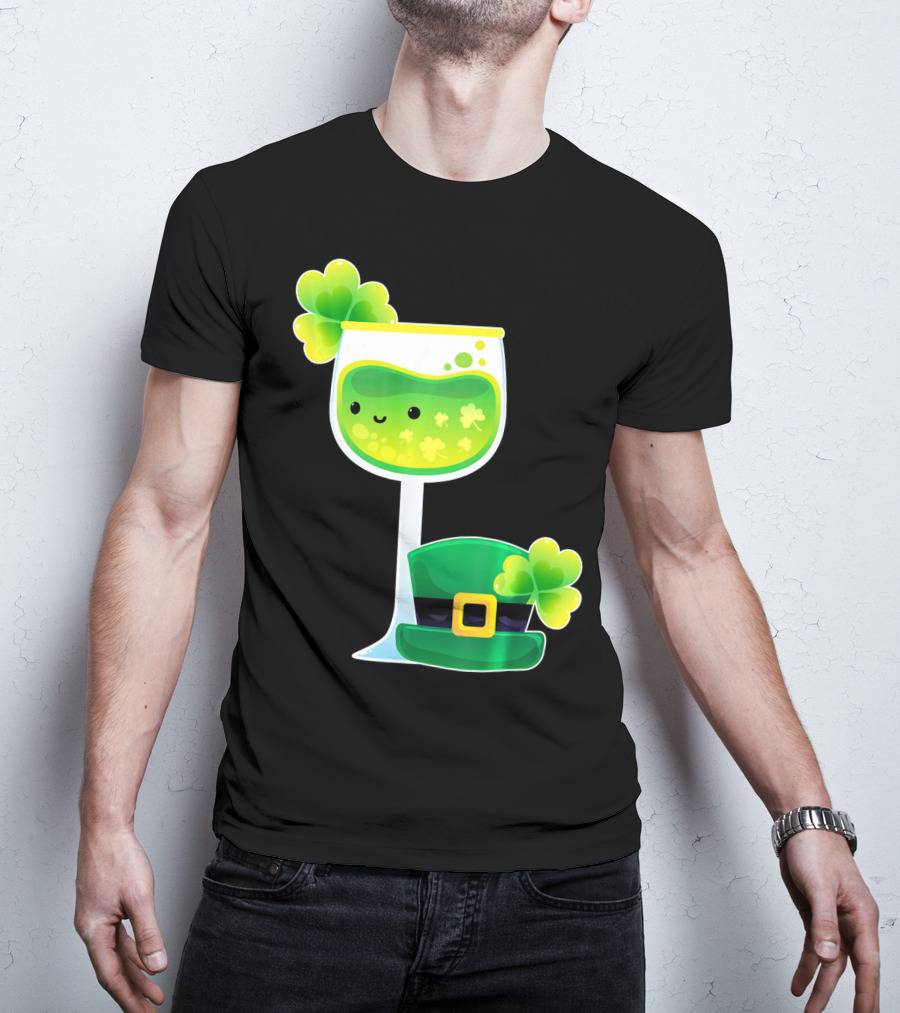 Saint Patrick's Day Green Shamrock Wine Glass With Leprechaun Hat T-Shirt