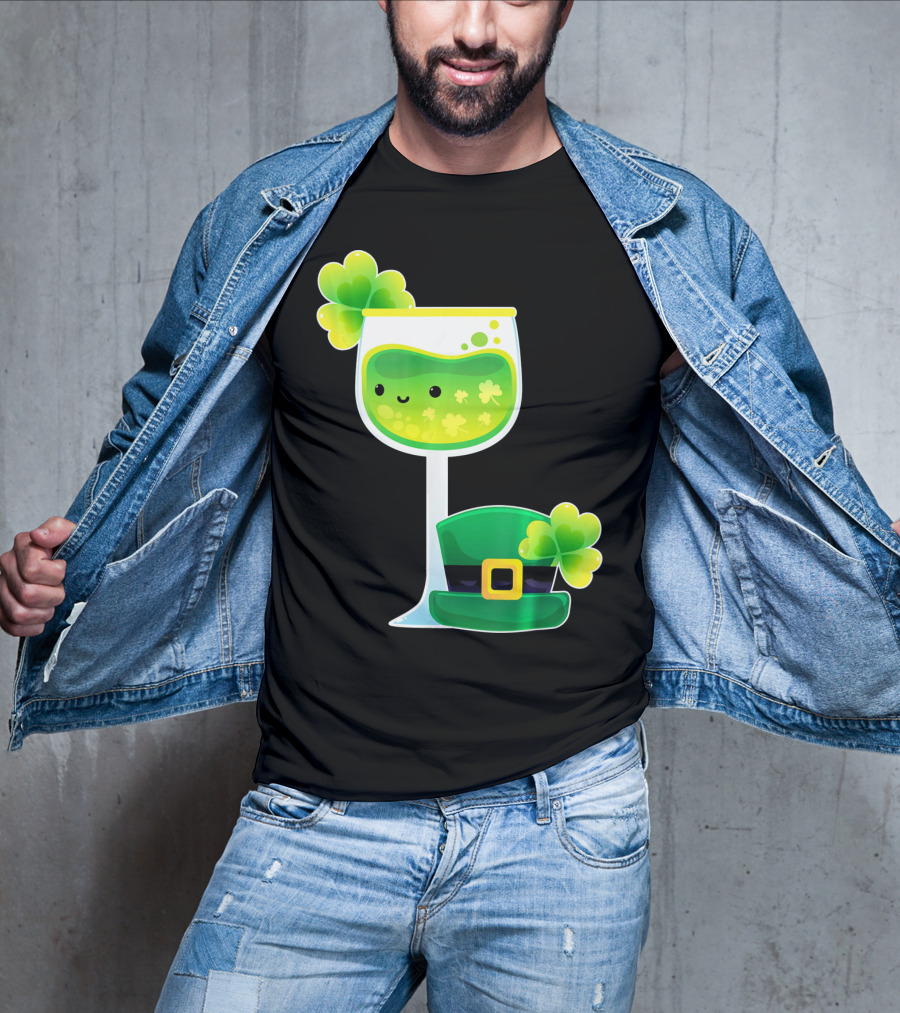 Saint Patrick's Day Green Shamrock Wine Glass With Leprechaun Hat T-Shirt