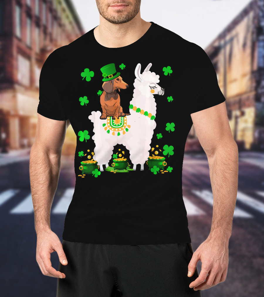Leprechaun Dachshund Riding Llama Shamrocks Pots Of Gold T-Shirt